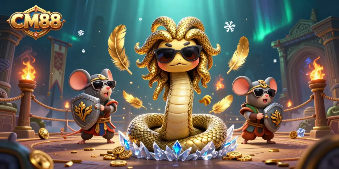 Play games at CM88 with Medusa and warrior mouse in vibrant casino scene.