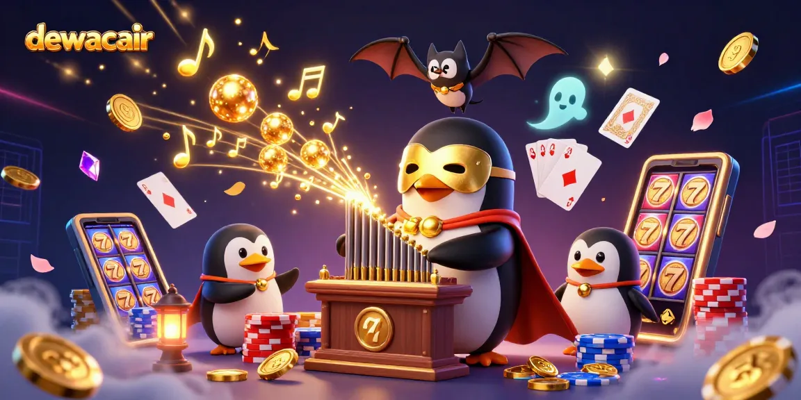 Playing slots with dewacair, a cartoon penguin organist unleashes golden coins amidst fun casino elements.