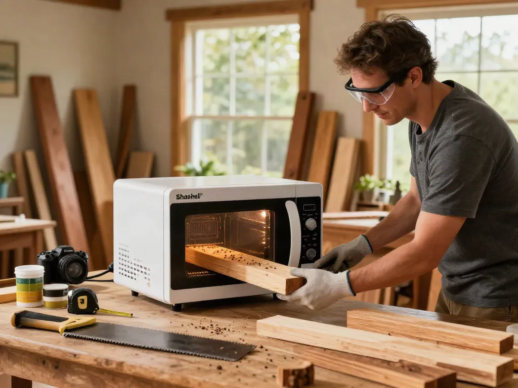 Shashel® microwave device eliminating wood-boring insects in a rustic workshop.