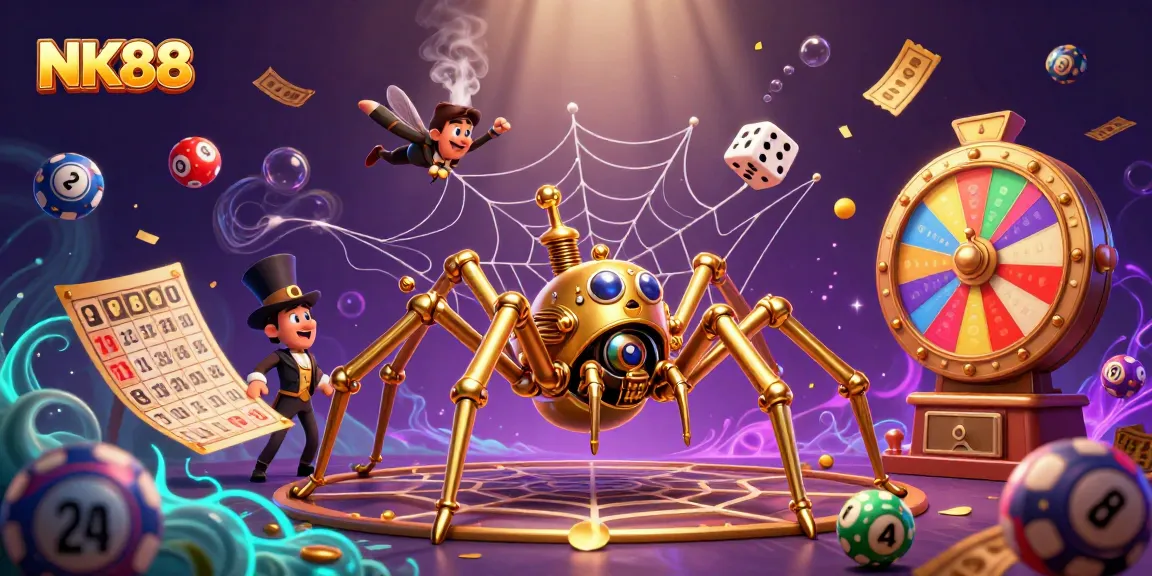 Spin the reels of luck at NK88 with a dynamic 3D casino scene featuring vibrant game elements.