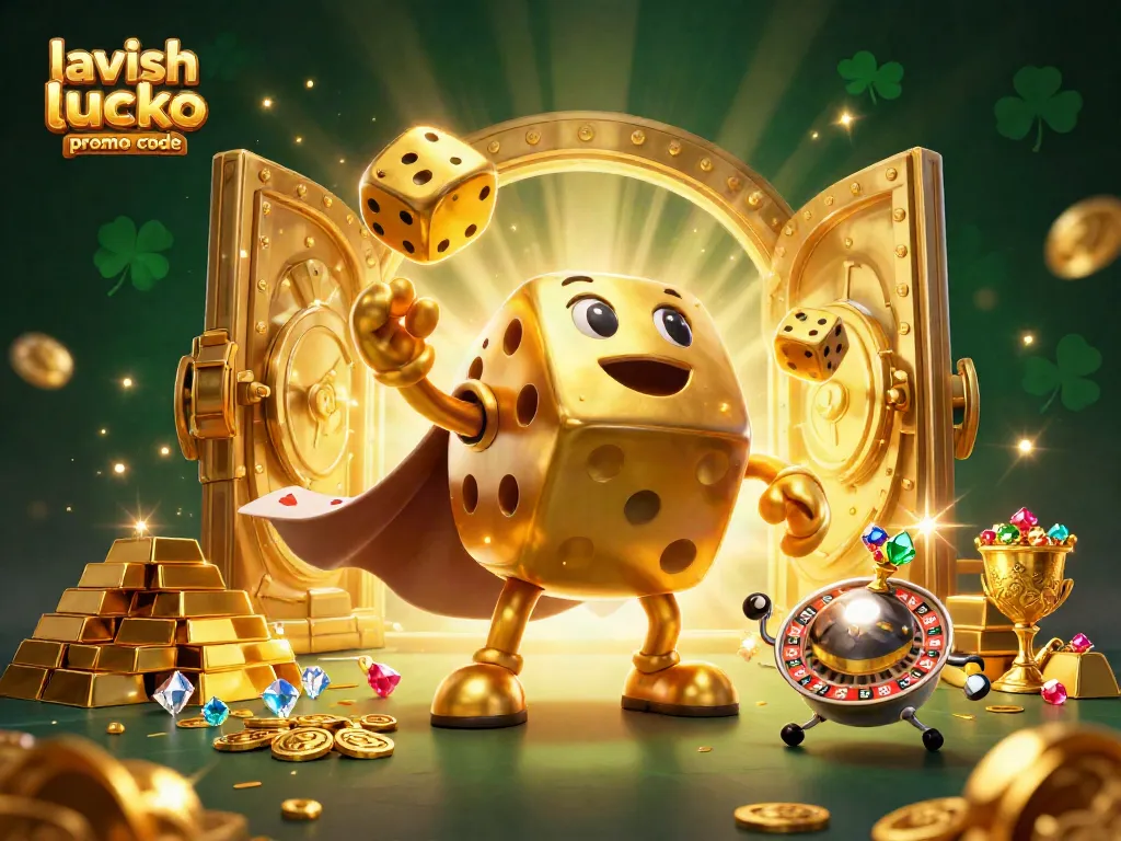 Win big with lavish luck casino promo code, featuring a golden dice golem and lavish jewels!