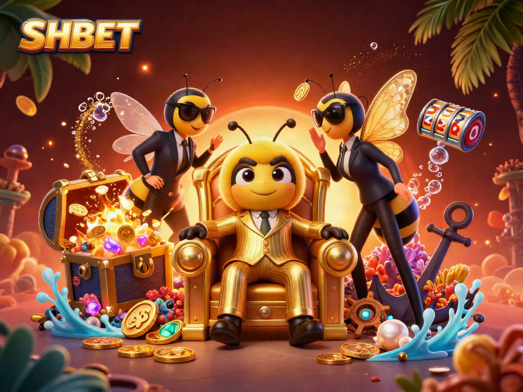 Play exciting casino games at SHBET with a vibrant scene filled with golden treasures and bright characters.