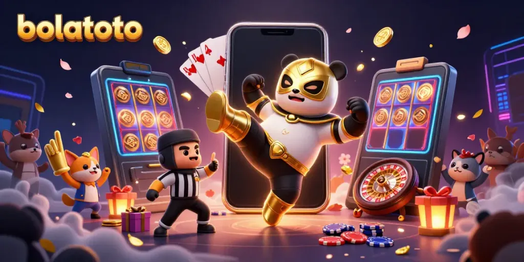Engaging bolatoto scene with cartoon panda, referee chihuahua, and vibrant casino elements