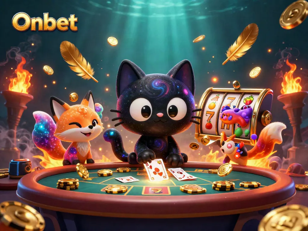 Engage with Onbet at the cosmic casino, where the black hole cat pulls in golden chips amidst vibrant game elements.