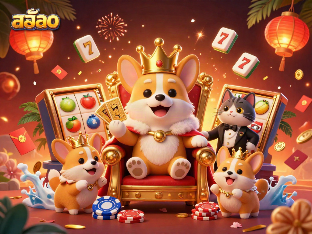 Spin the reels in สล็อต with a royal corgi and cat butler in a vibrant casino scene.