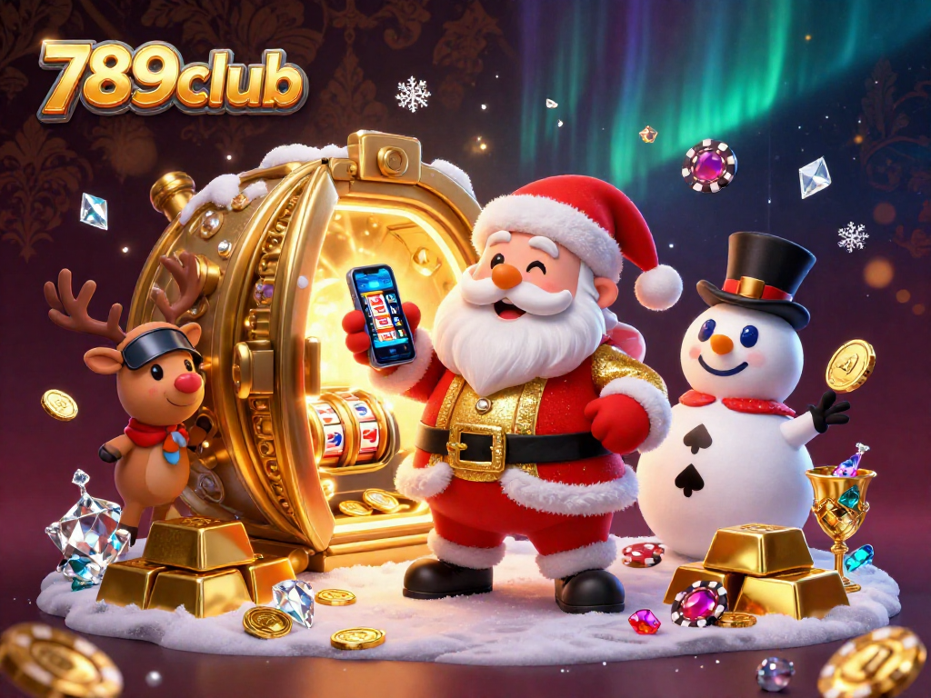 Engage with 789club's festive casino scene featuring a cartoon Santa, reindeer dealer, and poker chip snowman.
