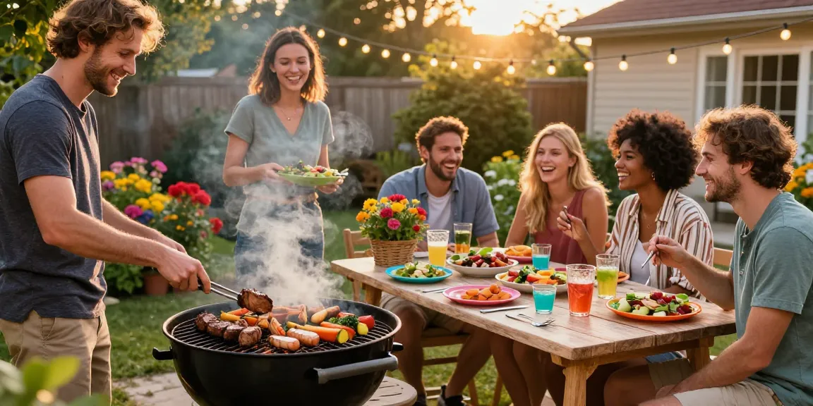BOS88 saat barbecue di halaman belakang dengan teman-teman, dikelilingi kebun warna-warni.