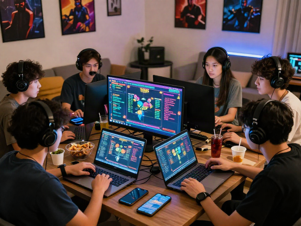 Group enjoying situs toto gaming experience with laptops and snacks in a cozy living room.