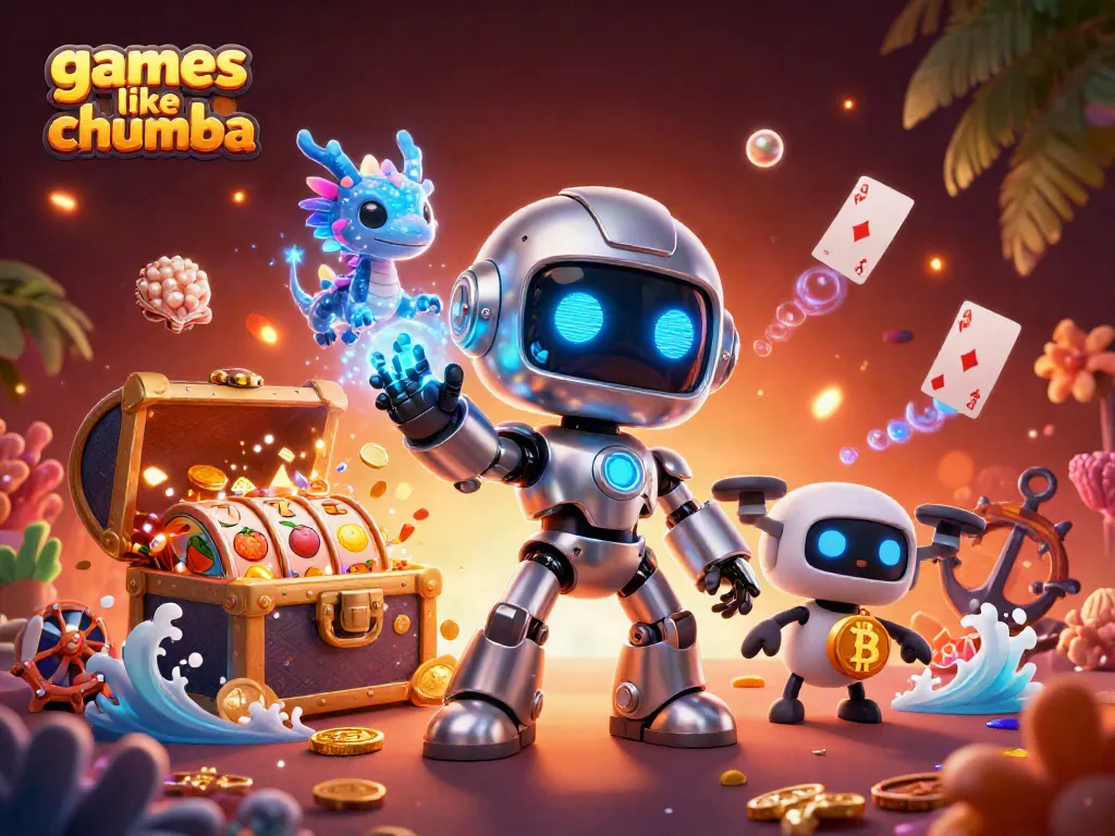 Play various games like Chumba with this vibrant 3D illustration showcasing robots and treasure.