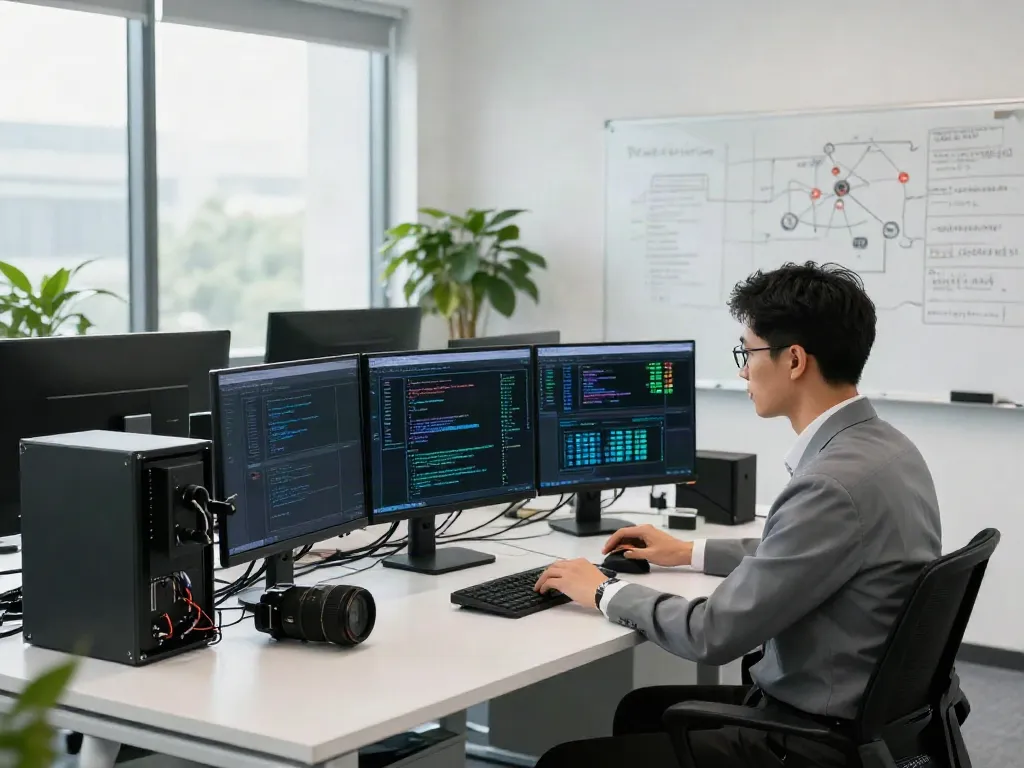 AI Token Economy infrastructure setup with engineers working on advanced systems in a modern office.