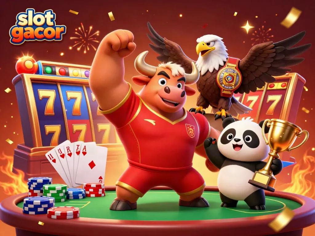 Experience the dynamic energy of slot gacor with cartoon characters and vibrant casino elements.