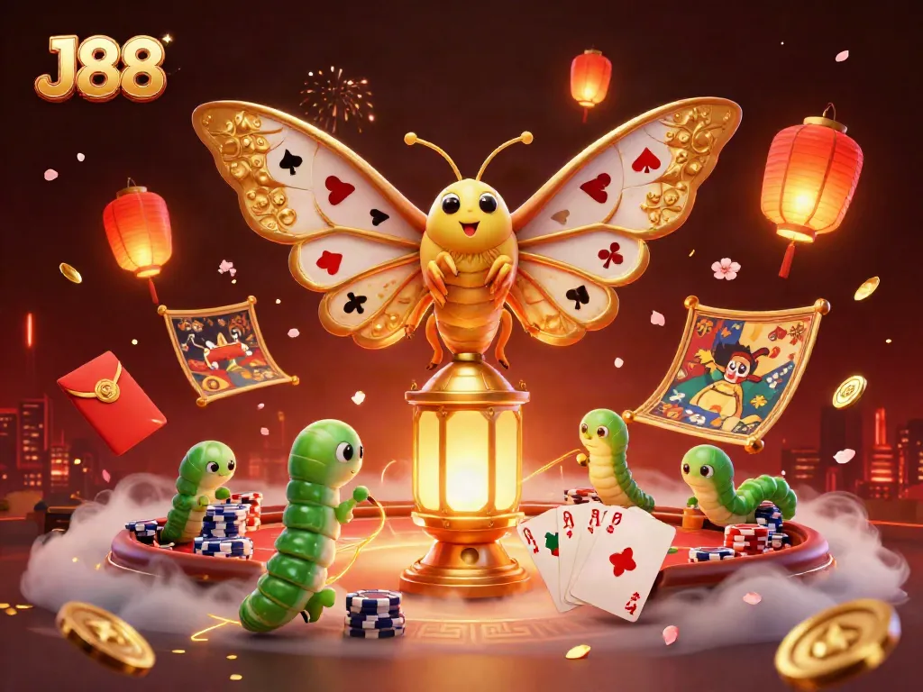 Experience the thrill of J88 with a vibrant casino scene featuring a golden-winged moth and poker elements.