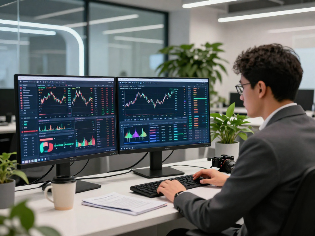 Ambiente de trading tecnológico con la aplicación Immediate Edge y gráficos de criptomonedas.