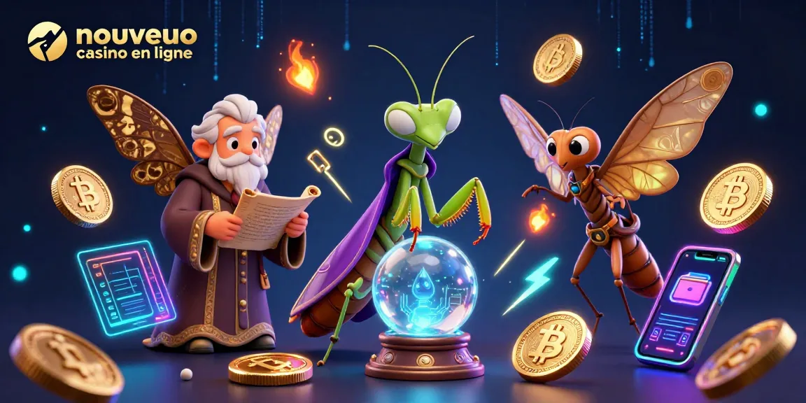 Plongez dans le monde du nouveau casino en ligne avec cette illustration captivante où un caméléon et un papillon sage guident les joueurs vers des gains.