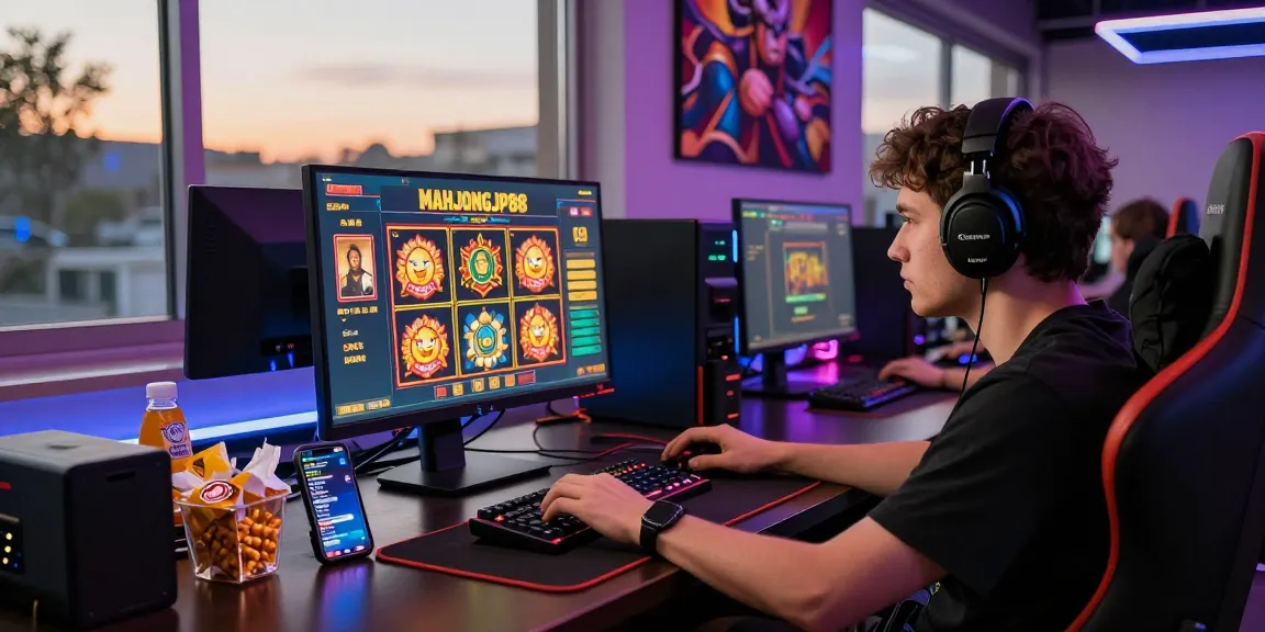 Exciting gaming setup with Slot MAHJONGJP88 displayed on a screen, highlighting a player's intense focus and vibrant lighting.