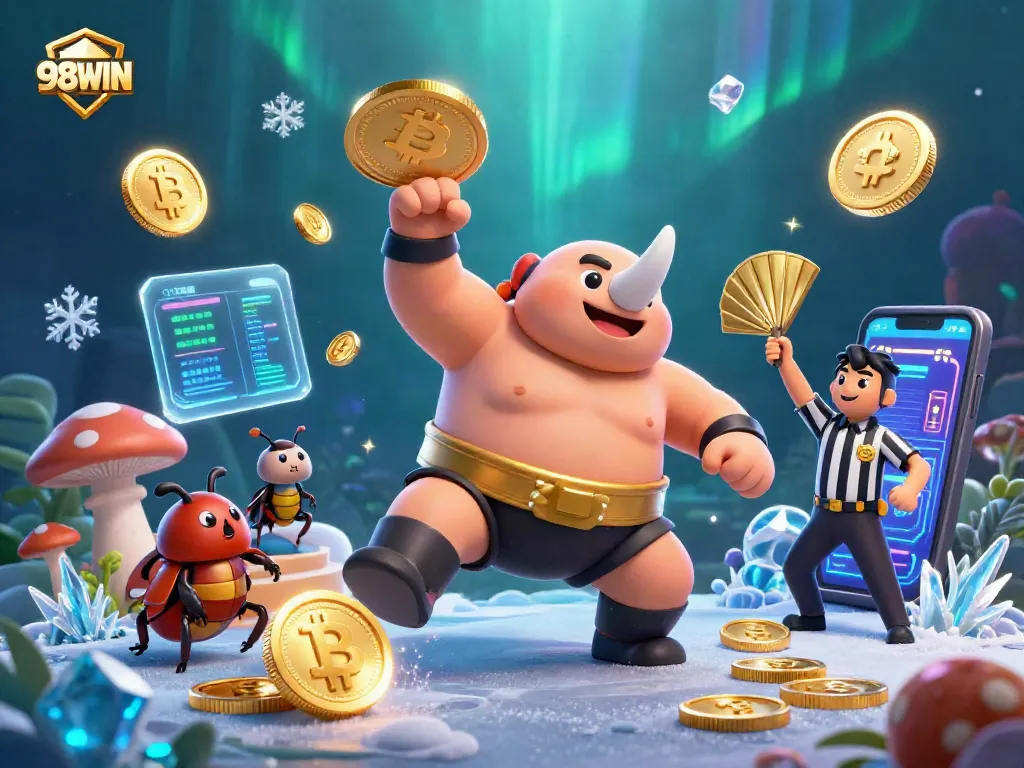 Experience thrilling 98WIN gameplay with a cartoon beetle champion dominating the casino arena.