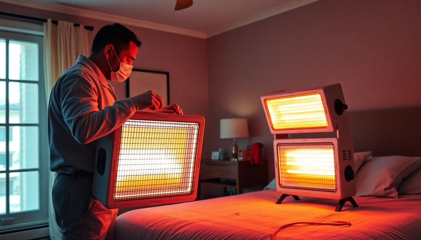 Technician performing bed bug heat treatment, using specialized equipment for effective pest control.