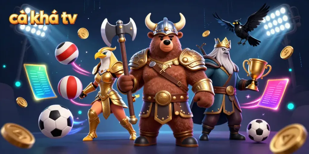 Experience streaming excitement with cà khịa tv, featuring a dynamic Viking bear and sports elements.