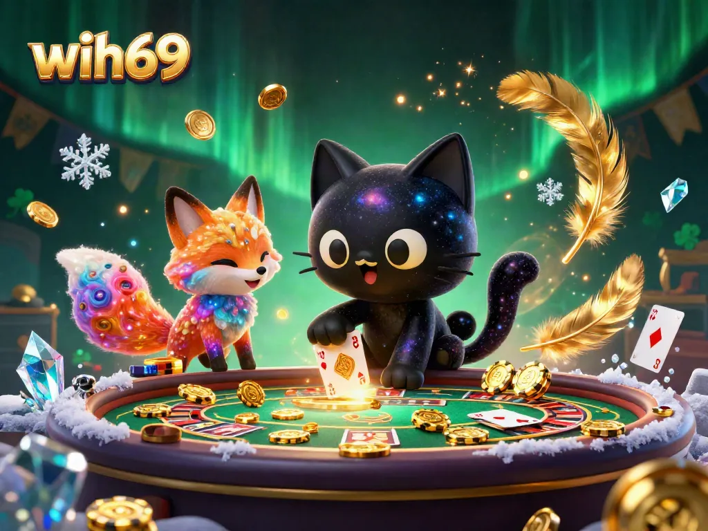 Bermain dengan wih69 di kasino online, kucing hitam berputar menarik chip emas dan kartu.