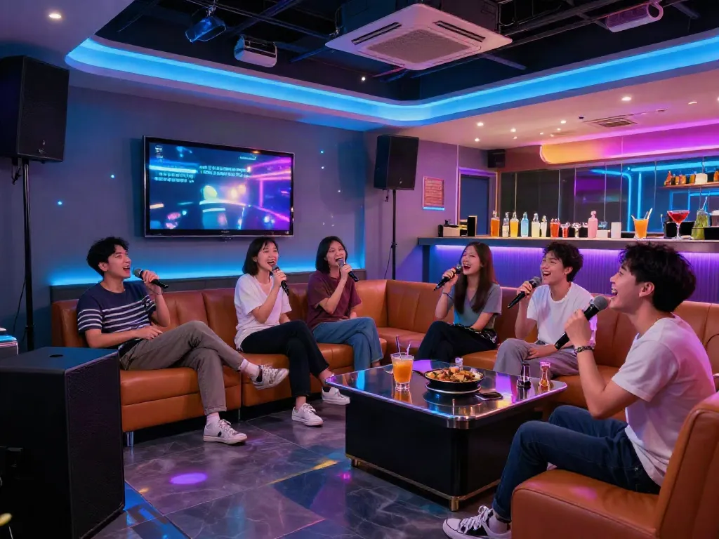 강남 달토에서 즐겁게 노래 부르고 있는 손님들이 있는 카라오케 방