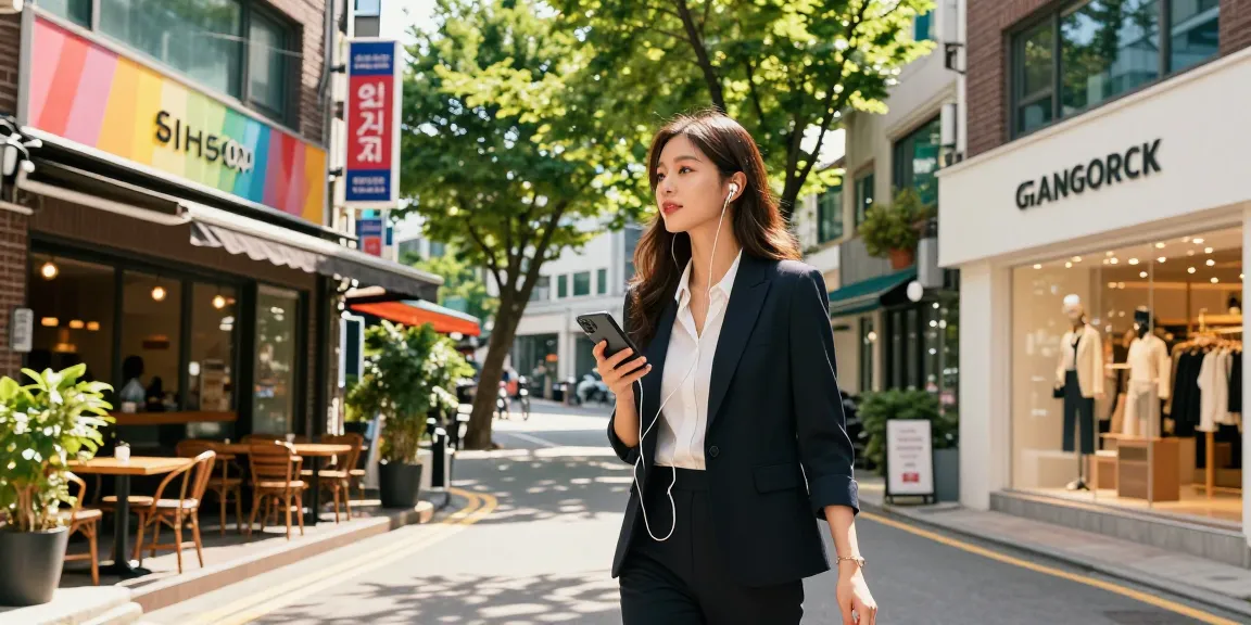 강남 세이렌을 배경으로 한 현대적인 도시 풍경에서 스마트폰을 들고 걷는 젊은 여성의 모습
