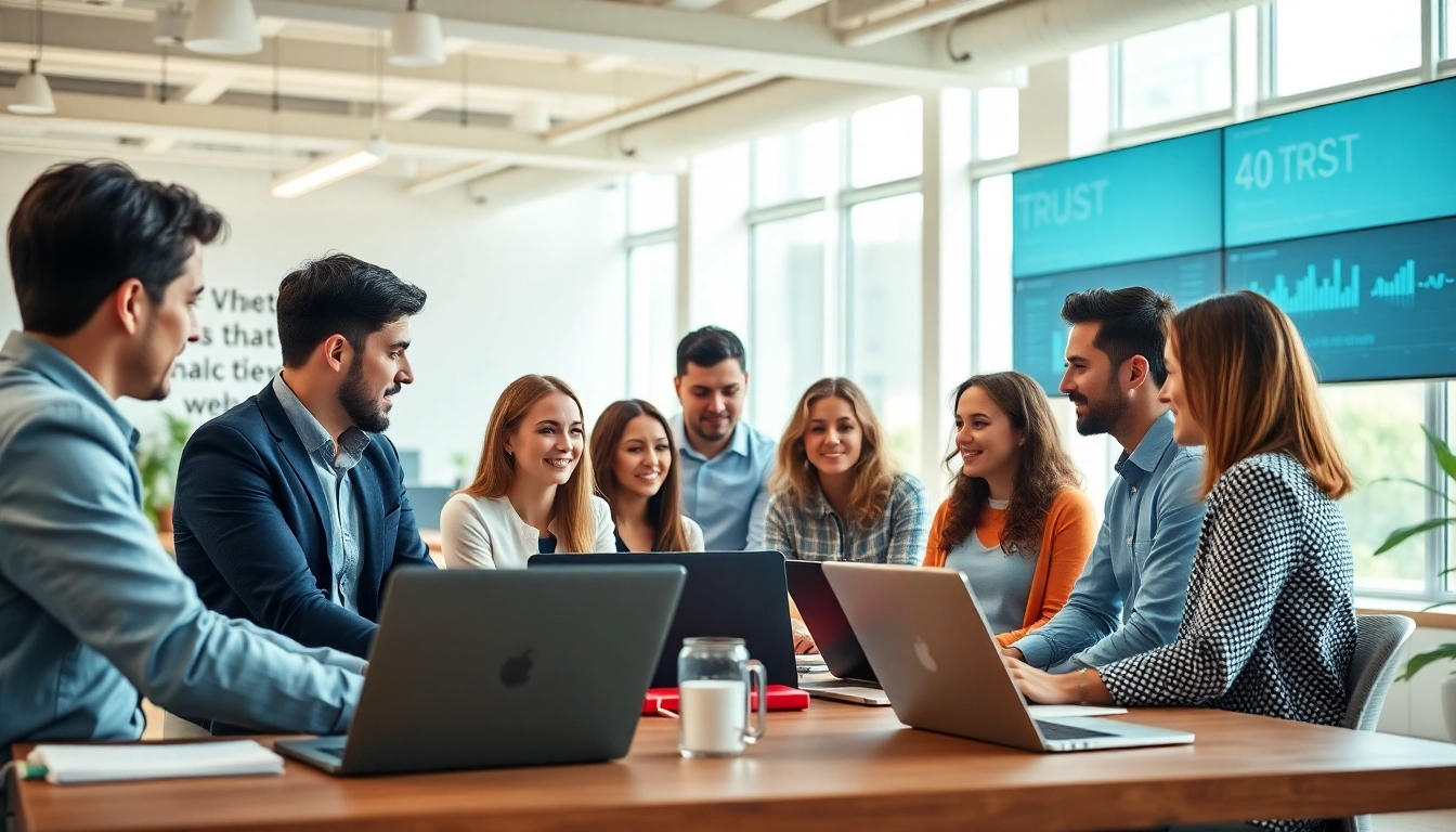 Engaged professionals discussing digital marketing agency services in a bright office.