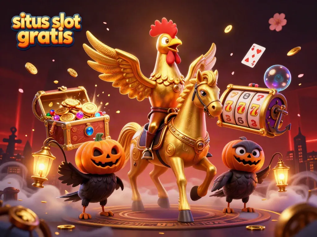 Experience thrilling gameplay with situs slot gratis while a golden rooster and ghosts light up the casino.