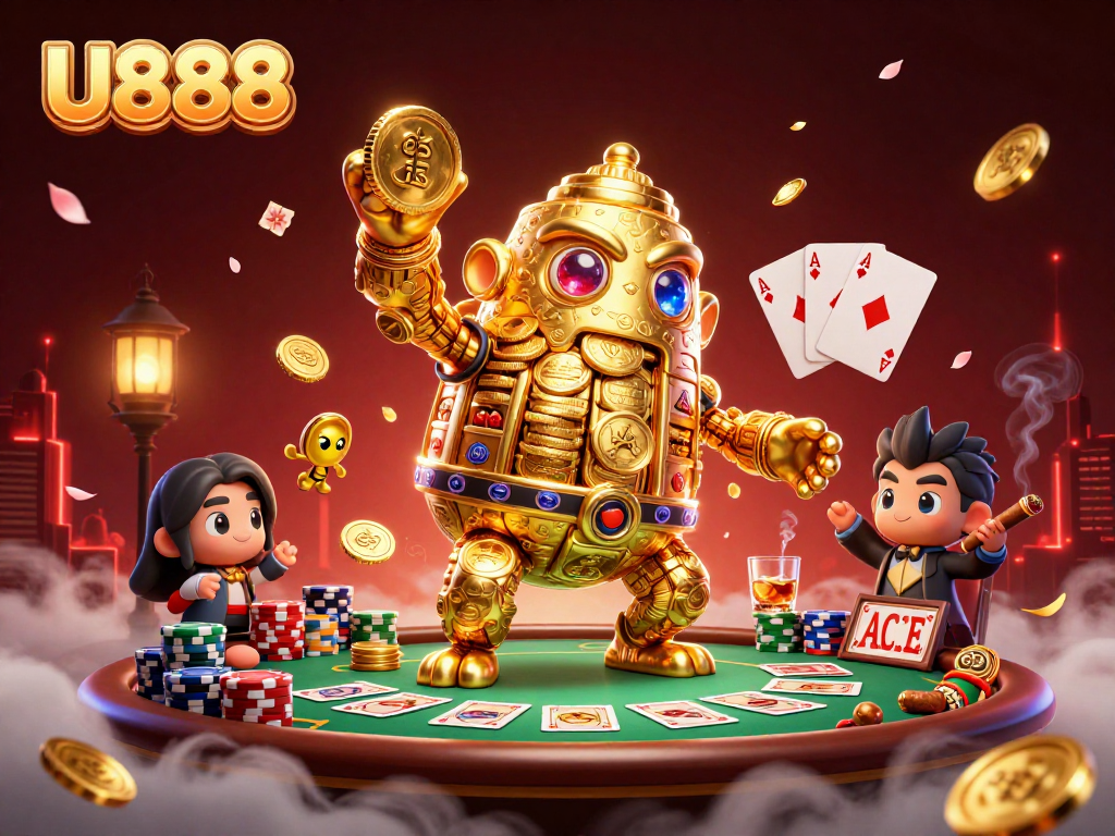 Experience the thrilling U888 casino gaming scene with a golden golem and poker elements.