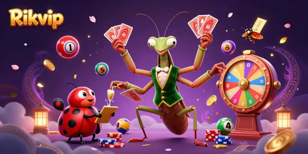 Experience Rikvip's vibrant gaming adventure with a dynamic casino scene featuring card sharp characters and colorful elements.