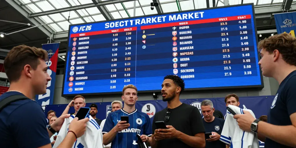 FC 26 transfer market scene with excited fans and player updates.