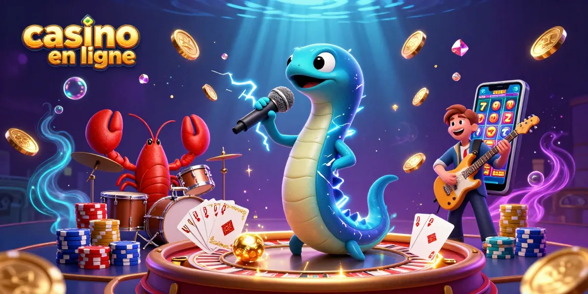 Illustration d'un spectacle de casino en ligne avec une anguille DJ, un homard et un hippocampe, entourés de pièces d'or et de cartes.