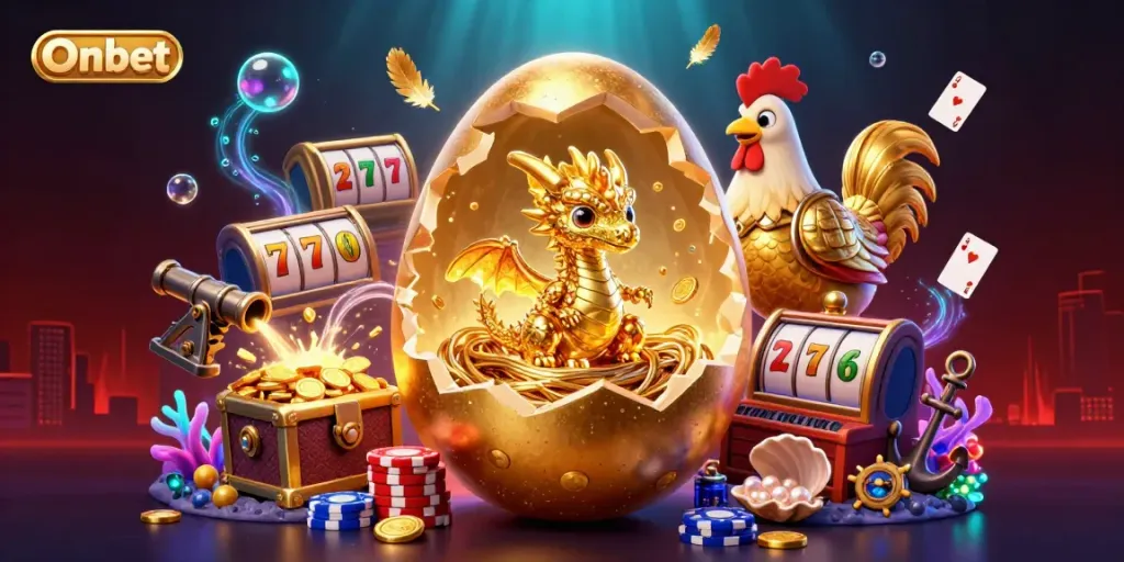 Experience Onbet's thrilling casino adventure with a golden dragon, poker chips, and vibrant gaming elements.