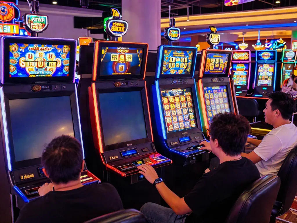 Exciting slot gacor gaming scene with colorful machines and lively players.