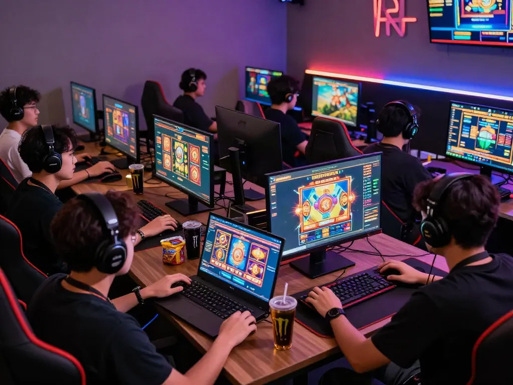 Players enjoying slot gacor hari ini in a vibrant gaming lounge filled with excitement.
