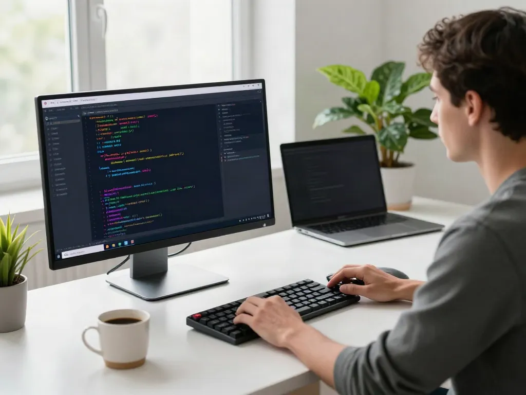 Developer coding for brave浏览器 in a modern tech workspace, bright and productive atmosphere.