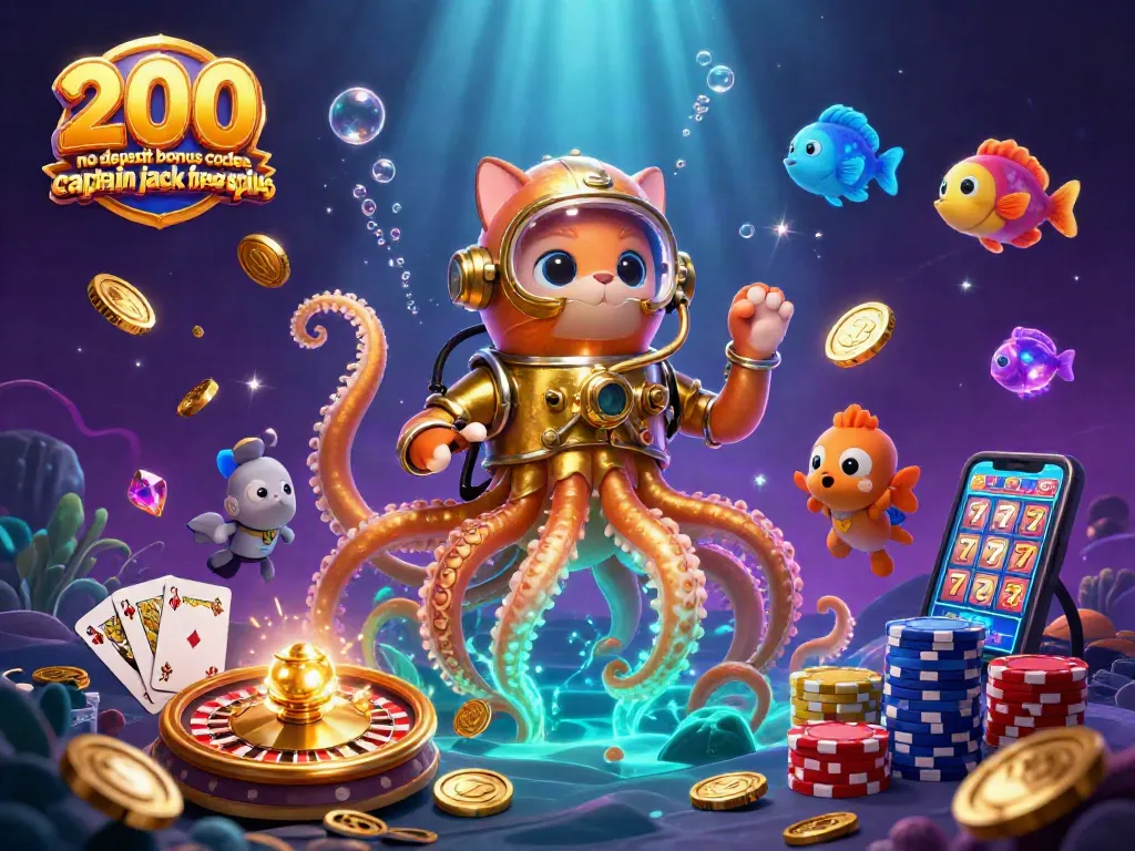 Claim 200 no deposit bonus codes captain jack free spins with immersive gaming experience featuring a colossal kraken and vibrant sea creatures.