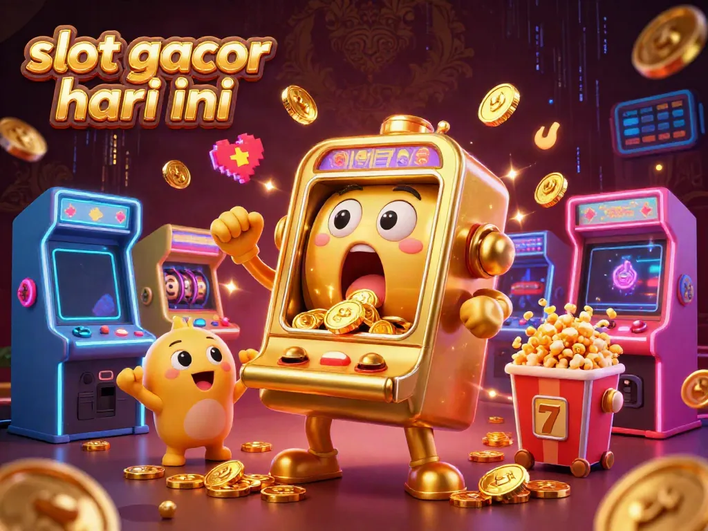 Experience the excitement of slot gacor hari ini with a vibrant, celebratory illustration showing a golden slot machine hitting a jackpot.