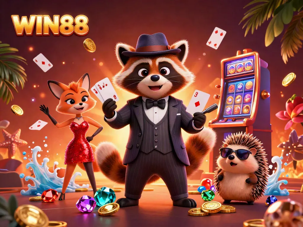 Experience the excitement of WIN88 with a suave raccoon, a charming fox, and a hedgehog bouncer in a vibrant casino scene.