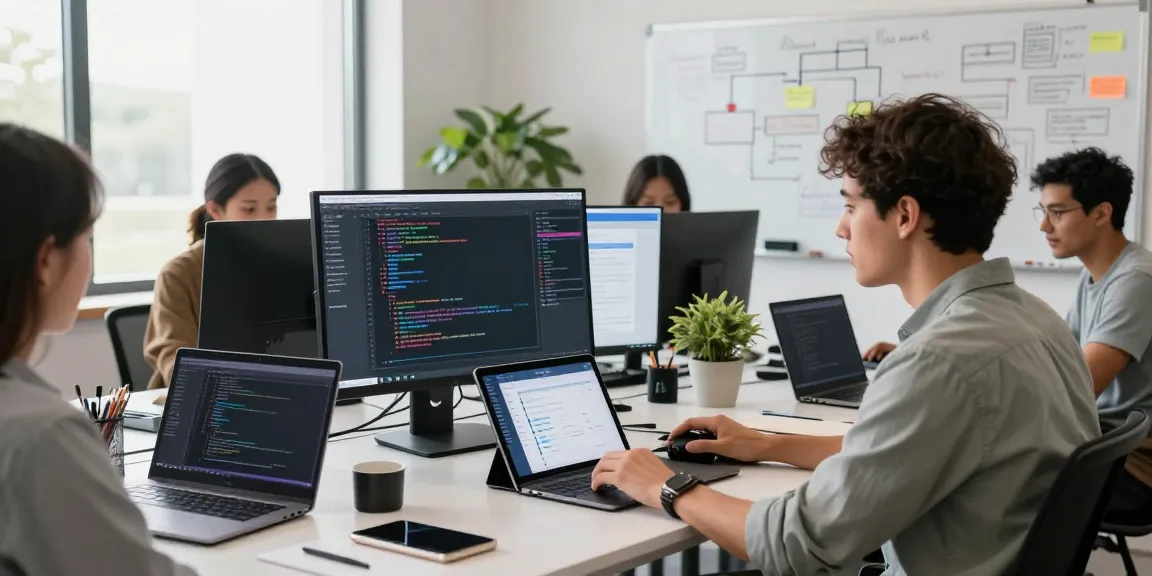 Developers building internal tools with AI in a collaborative workspace, showcasing coding, flowcharts, and teamwork.