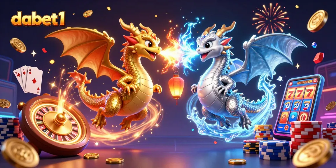 Experience excitement with dabet1's 3D dragons amidst casino elements and vibrant gaming symbols.