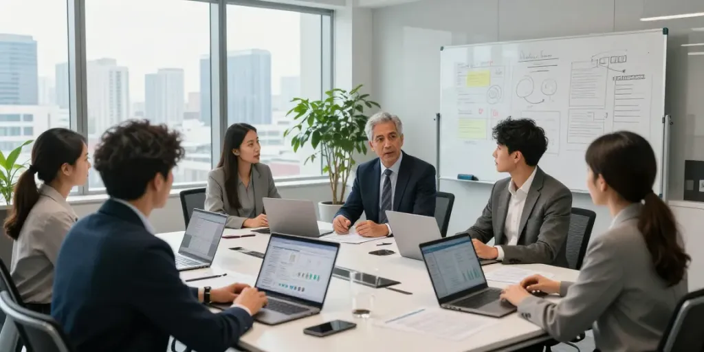 Michael Rustom consulting with a diverse team in a modern office.