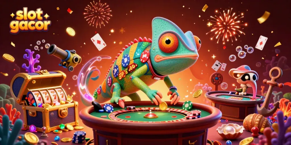 Experience slot gacor excitement with a colorful casino scene featuring a chameleon owner and dynamic game elements.