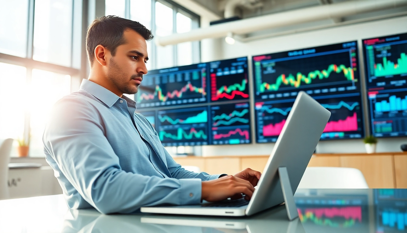 Engaging visual of AI Investing with a professional analyzing market data on a laptop.