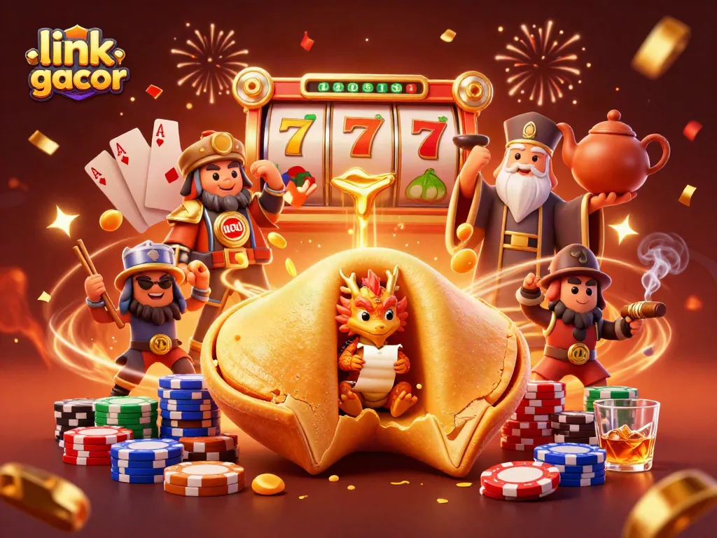 Menangkan slot gacor dengan ilustrasi karakter menarik seperti kue keberuntungan emas dan naga bijak.
