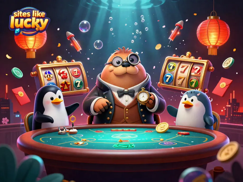Engage with sites like lucky block at an underwater poker table featuring a jolly walrus and penguin dealer.