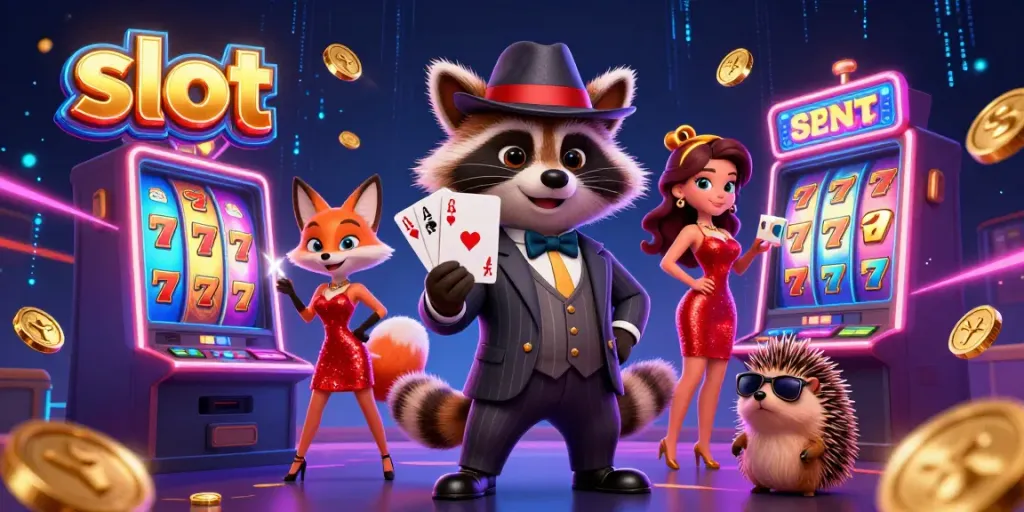 Permainan slot yang menarik dengan karakter kartun di latar belakang. Slot, koin emas, dan efek cahaya malam yang spektakuler.