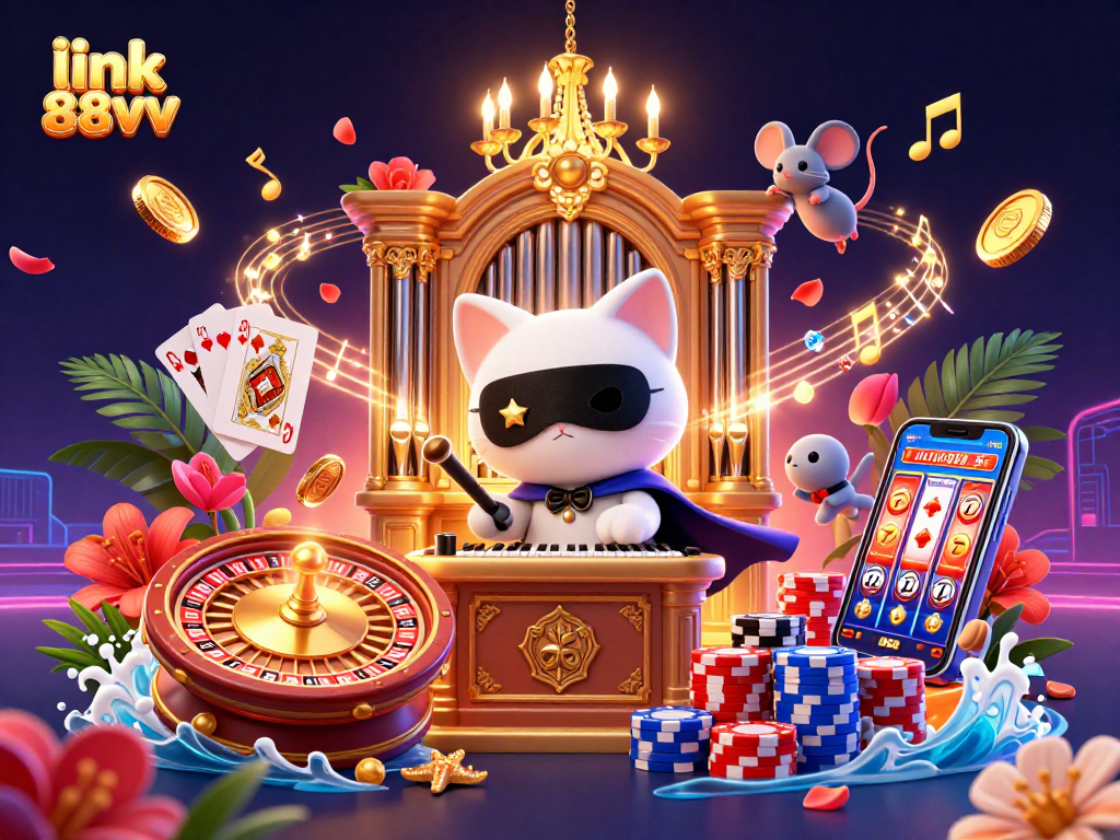 Experience the excitement of link 88vv with our vibrant 3D casino scene featuring thrilling symbols of luck and fortune.