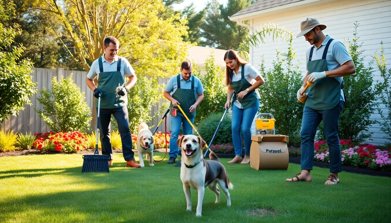 Dog poop removal company professionals cleaning yard while dog plays.