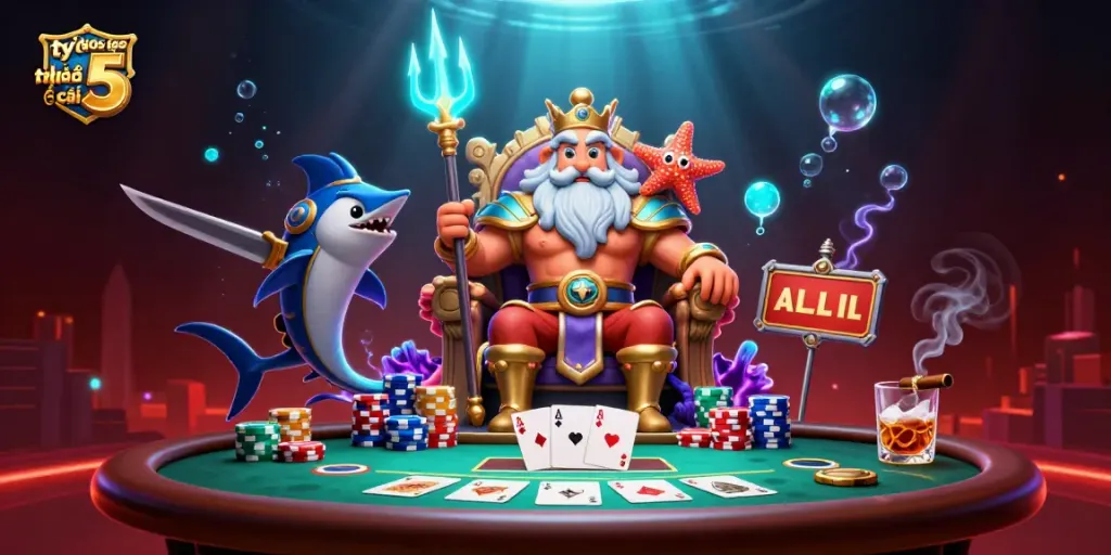 Engage with tỷ lệ kèo nhà cái 5 showcasing Neptune and vibrant poker elements in this dynamic underwater scene.