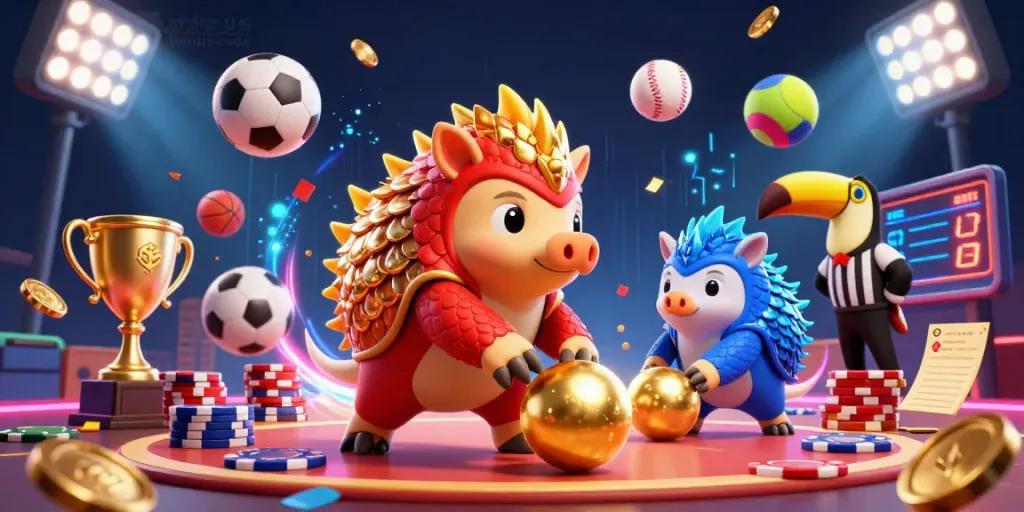 Engage with the exciting stake.us bonus code illustrated in a dynamic casino scene with pangolins competing among poker chips.